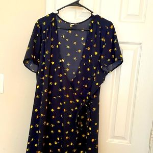 J Crew Navy Lemon Print Wrap Dress